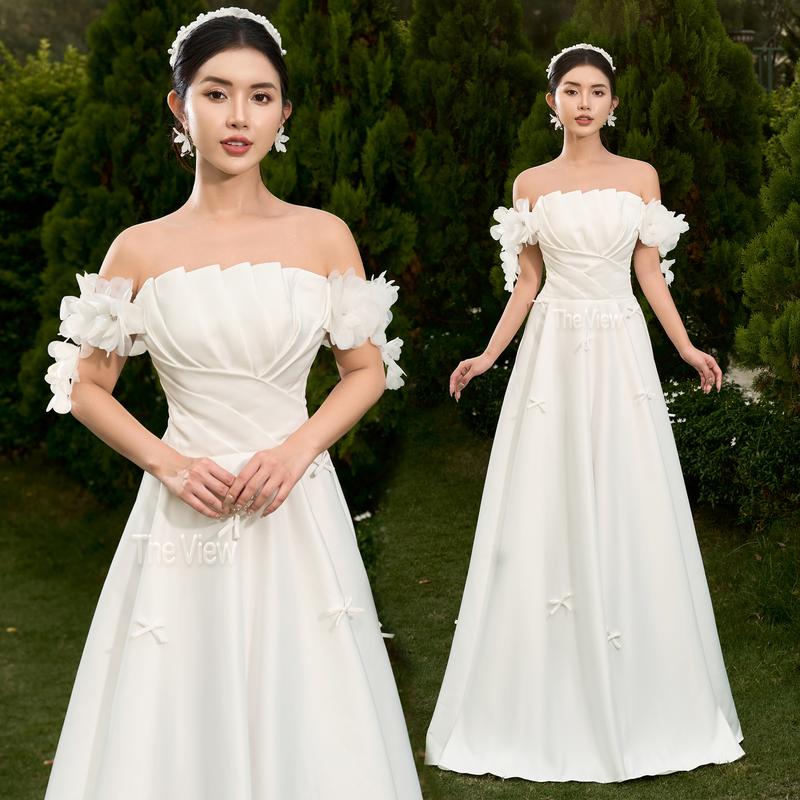   Tặng Voan  váy đi bàn maxi kiểu dáng suông đơn giản họa tiết nơ chất liệu phi nhật mềm mịn mặc tiệc báo hỉ dạm ngỏ 372 