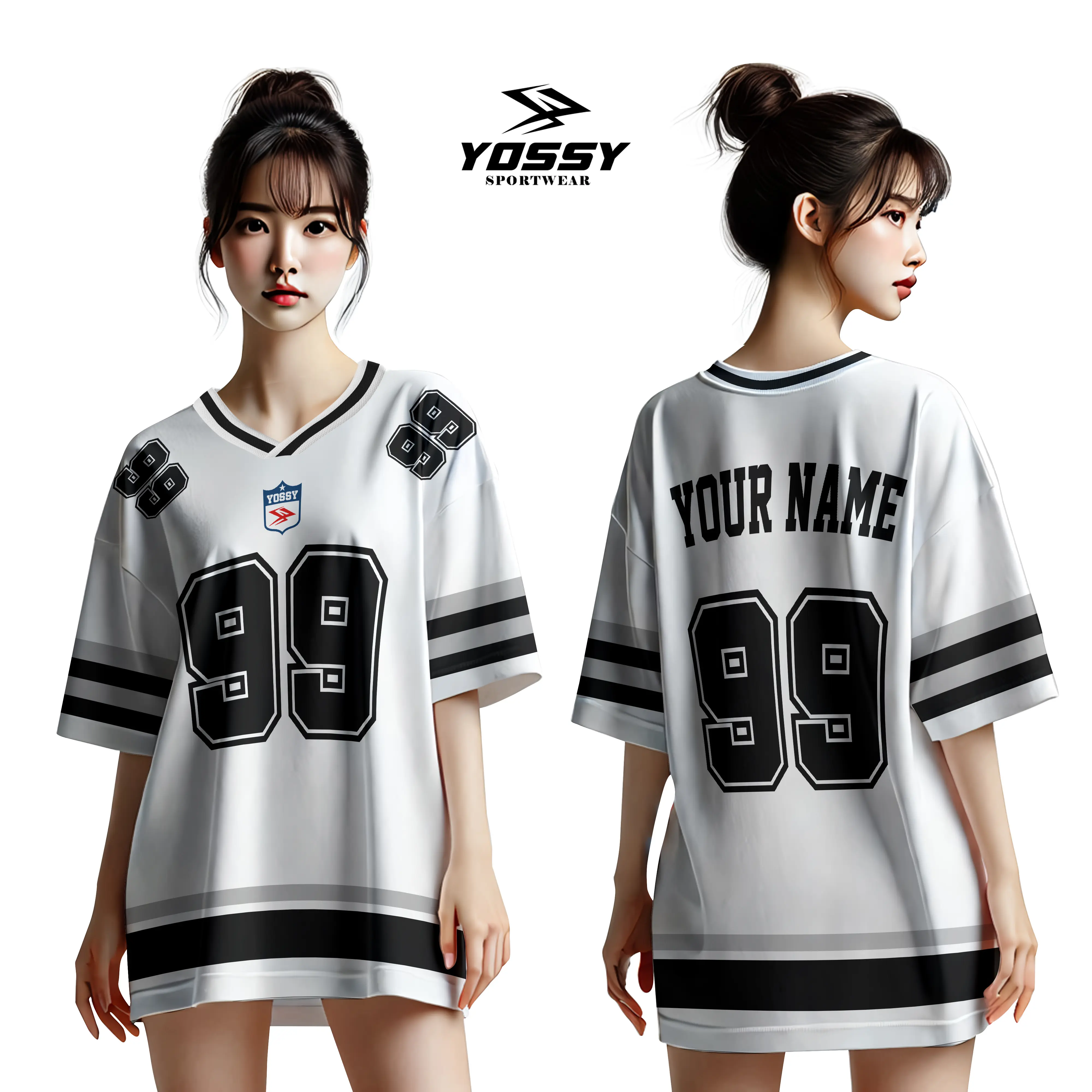 Kaos Jersey Casual Custom Girl Putih Abu-Abu Fullprint - Sport