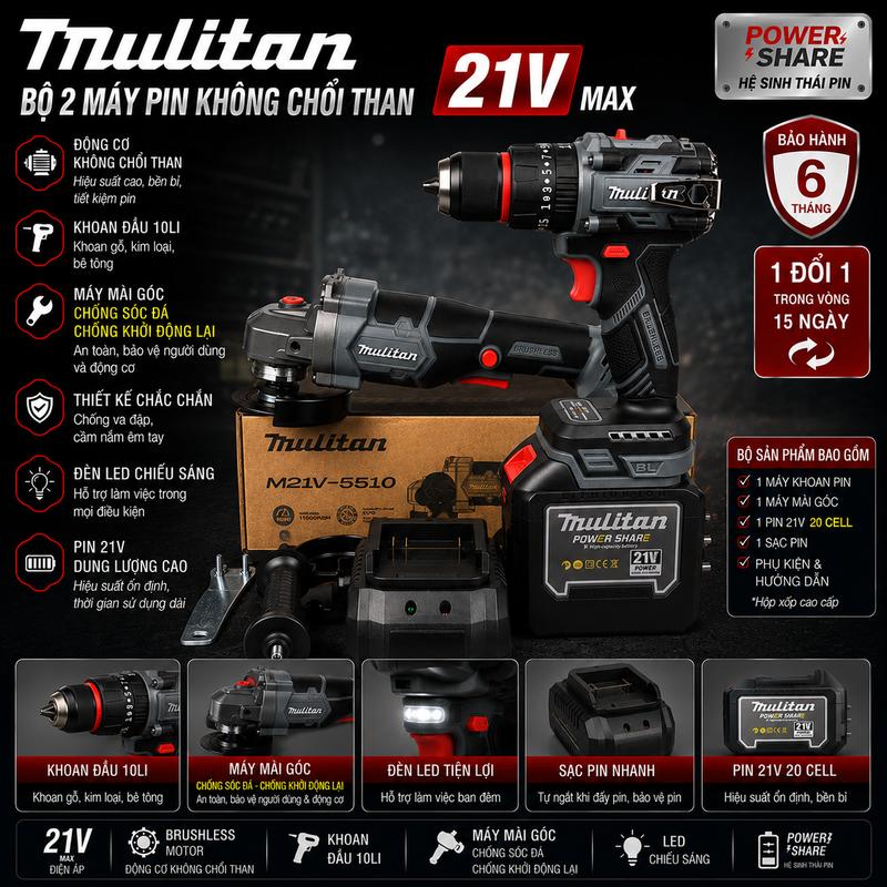 Mulitan Combo Máy Cắt M21V-5510 & Máy Khoan Pin 3 Chức Năng 3368 Hoặc Siết…
