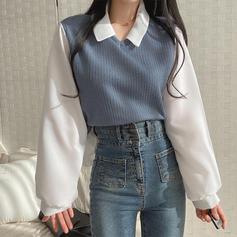 Uniqueestore BJ1567 Baju Atasan Lengan Panjang Kemeja Rajut Blouse Rib Knitwear Wanita Korean Vintage Style Top Casual Cewek Dewasa knit Basic 1