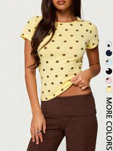 1 camiseta bebé de lunares para mujer Primavera/Verano | cuello redondo, ajuste entallado, top corto de manga corta | estilo retro Y2K de los ’90, preppy, ideal para uso diario, vacaciones y citas
