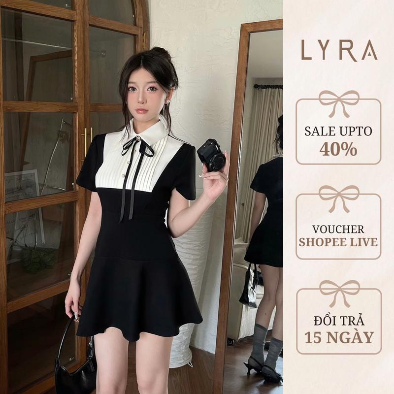 Váy nữ thiết kế LYRA dáng ngắn cổ sơ mi phối nơ chất tuyết Nhật phối yếm trắng sang chảnh, Đầm nữ dáng A -LWNVD036