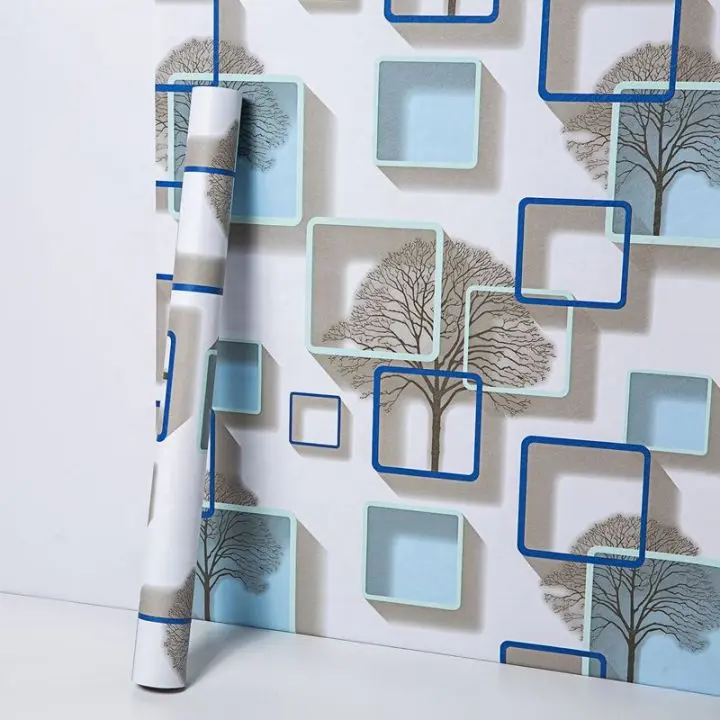Wallpaper Sticker Dinding Ruang Tamu & Kamar Panjang 9 Meter Motif Kotak Biru 3D PVC Kertas 0