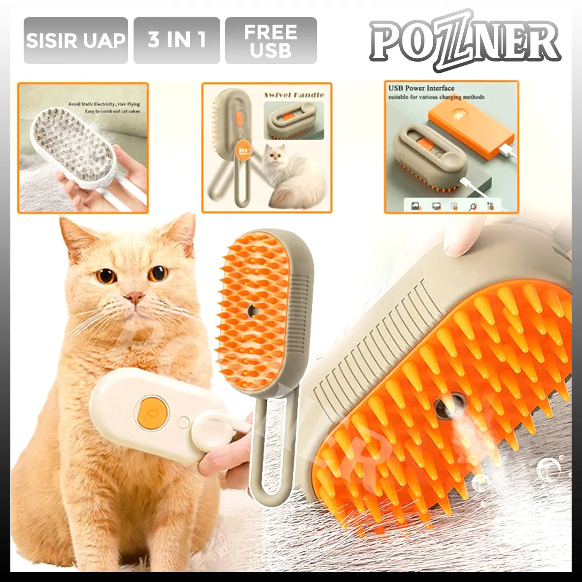 Sisir Uap Kucing 3 in 1 Sikat Silikon Anjing Pet Grooming Brush Spray