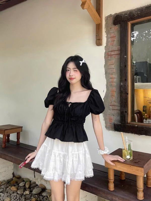 Mẫu Mới Áo Babydoll Cổ Vuông Chiết Eo Tay Phồng Tiểu Thư Công Chúa Bo Thân Nơ Cực Xinh