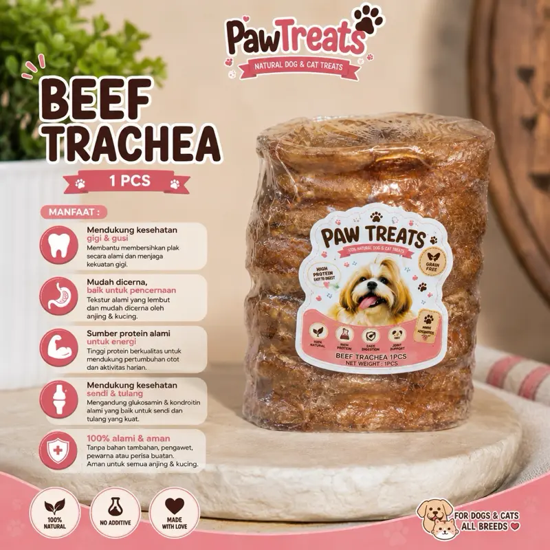 PawTreats Beef Trachea 1 PCS - Makanan Anjing dan Kucing Alami 100% Tanpa Aditif untuk Kesehatan Gigi dan Sendi