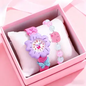 Jam Tangan Kuarsa Anak-Anak 3D Tiga Dimensi Kartun Bunga Kupu-Kupu Tali Silikon Jam Tangan Anak-Anak