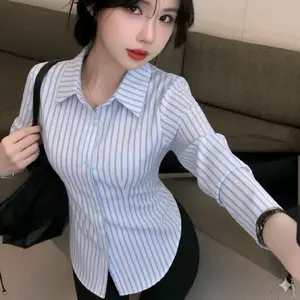 [ PAKET HEMAT ] 3pcs - 100rb | Geizi Fitted Shirt Kemeja Slimfit Stripe Wanita Katun Salur Karet Atasan Baju Cewek Casual Panjang