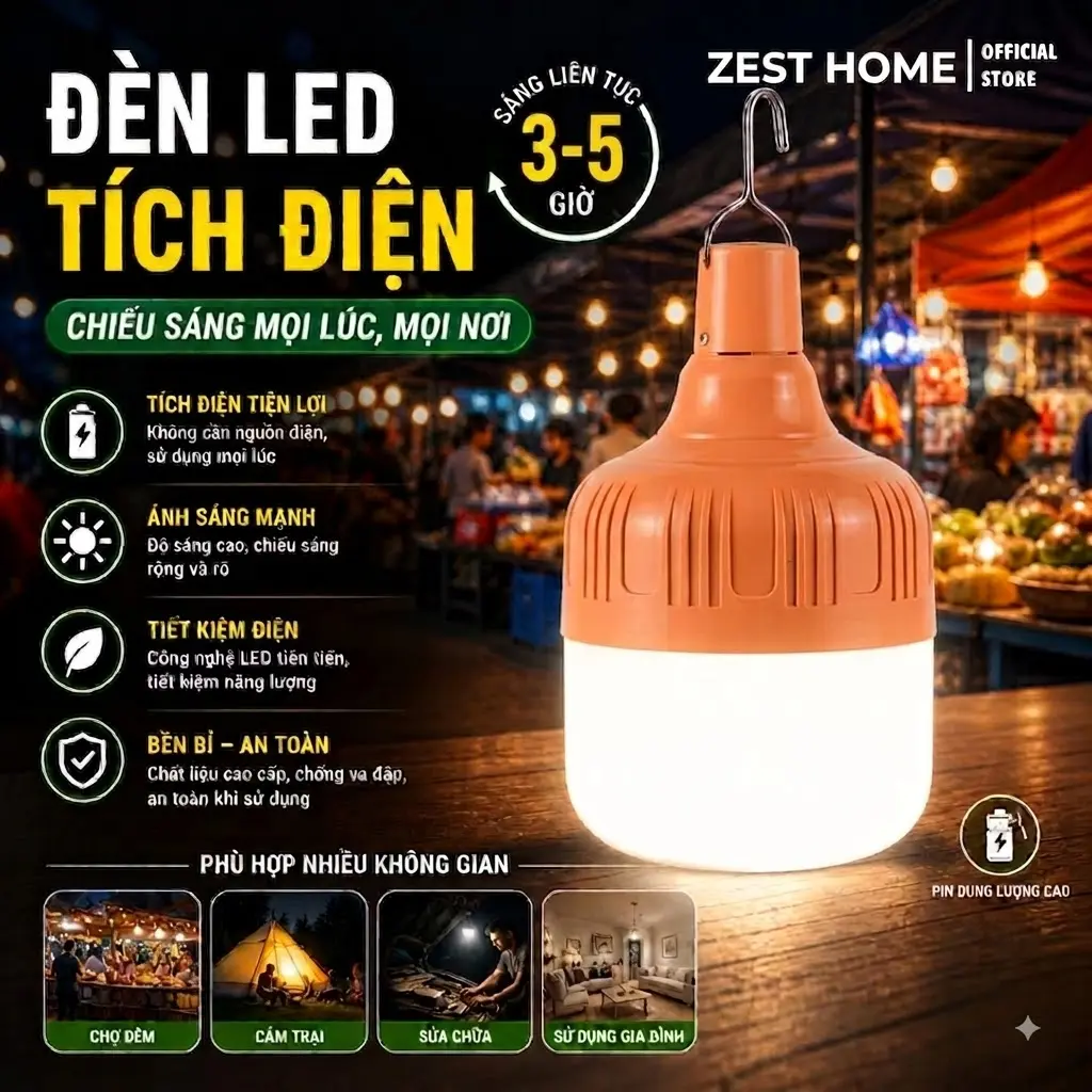 [HÀNG LOẠI 1] Bóng Đèn Tích Điện 150W-200W Siêu Sáng Chất Liệu Nhựa ABS Độ Bền Cao Có Móc Treo Tiện Lợi Cho Hoạt Động Ngoài Trời & Bán Hàng Đêm