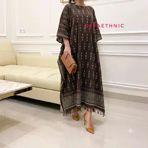Baju Kaftan Lebaran Tenun Ethnic Motif Asmat - Kaftan Tenun Wanita - Kaftan Muslimah - Kaftan Tenun Wanita Casual - Kaftan Hijab Wanita Friendly Nyaman