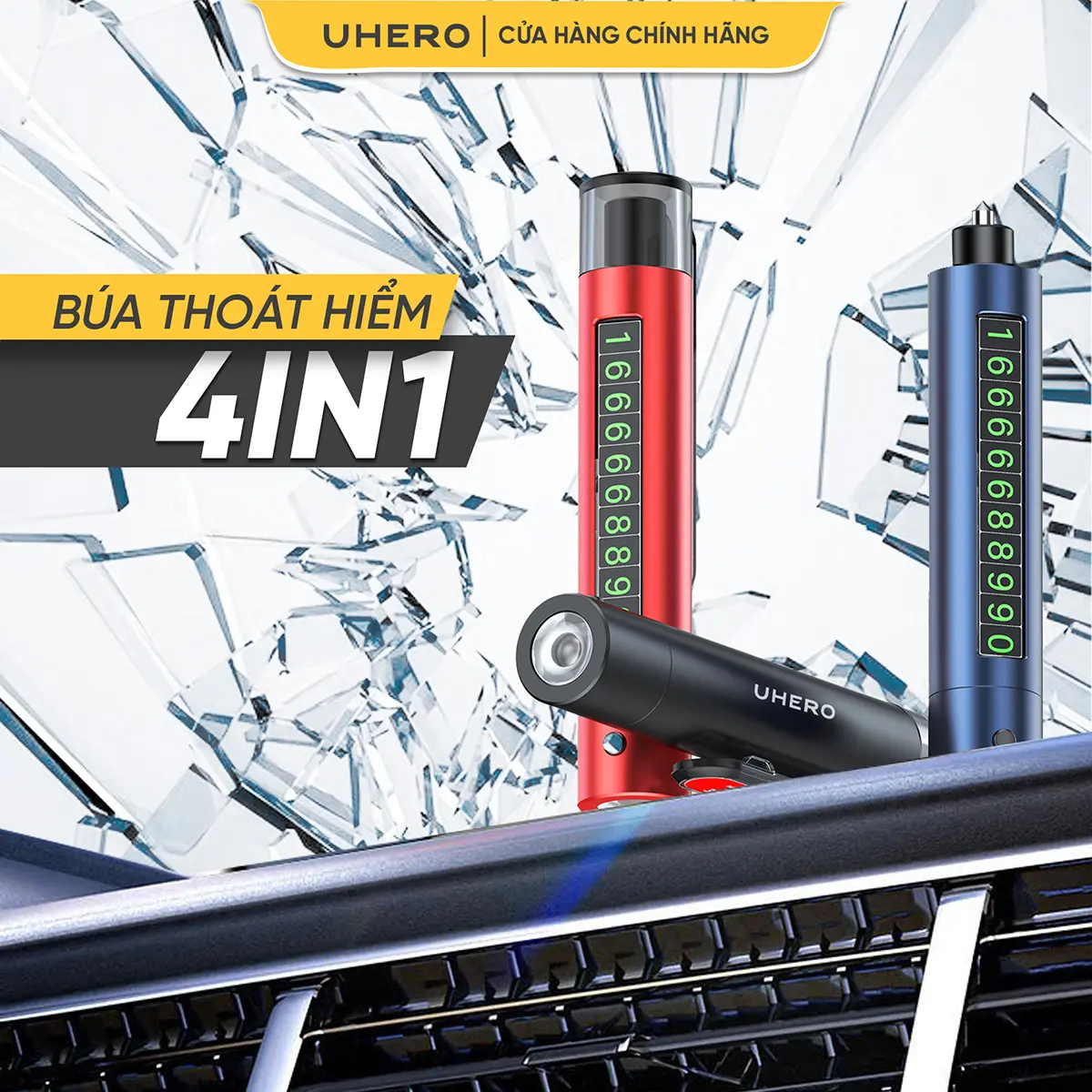 UHERO Dụng Cụ Thoát Hiểm Ô Tô 4 Trong 1 BTH01 Kiêm Bảng Số Điện Thoại, Đèn Chiếu Sáng, Đa Chức Năng - Nhỏ Gọn Mang Theo