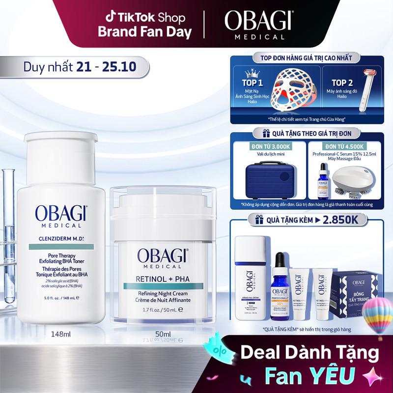 Bộ đôi Kem Dưỡng Làm Mới Và Duy Trì Độ Tươi Trẻ Làn Da Ban Đêm Obagi Medical Retinol + PHA 50ml và Toner chứa 2% BHA Obagi Clenziderm M.D. Exfoliating 148ml
