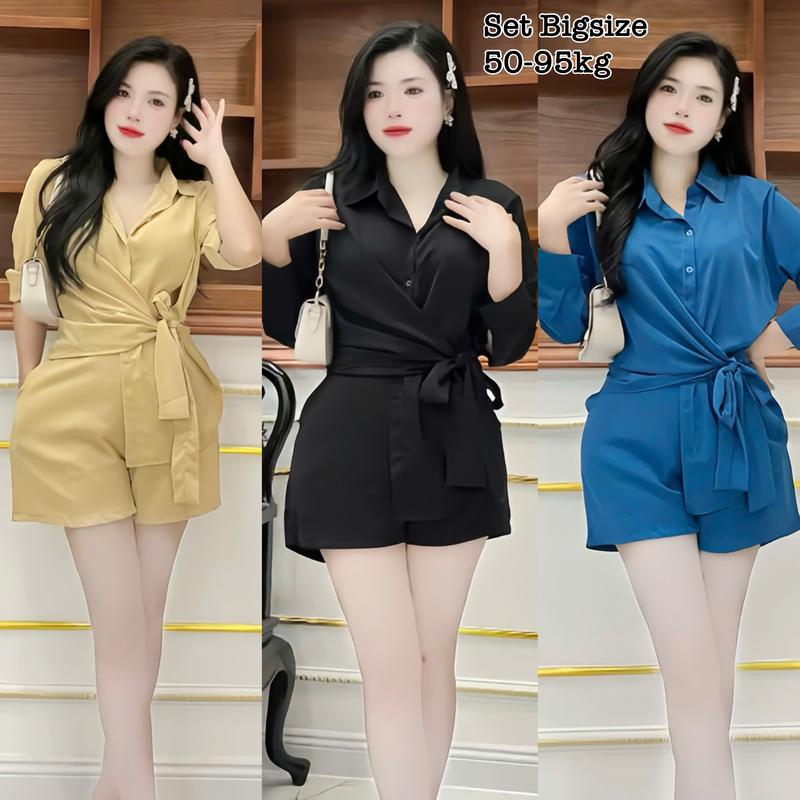 Set Bộ Áo Sơ Mi Nữ Tay Dài Thắt Nơ Chiết Eo 1 Bên Lưng Kèm Quần Hack Dáng Bigsize Che Bụng Tôn Dáng Xinh Đẹp Cao Cấp Dễ Thương Cho Nàng Chuppy Freesize 50-95kg Top Áo Sơ Mi Croptop Women sơ minu - 2469