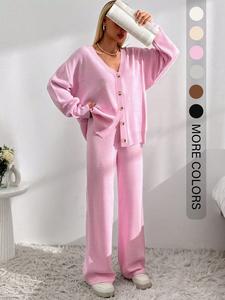 Conjunto de dos piezas para mujer con cárdigan de hombro caído y frente con botones, y pantalones de pierna ancha con cintura elástica, conjunto de prendas de punto cómodo y casual para uso diario, ropa de punto para mujer para otoño e invierno