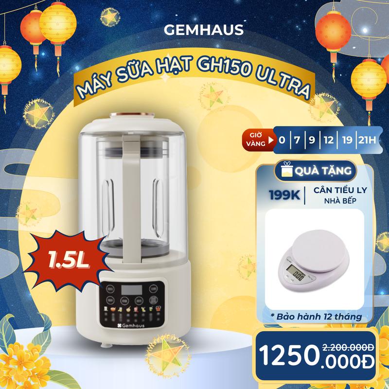 NEW Máy làm sữa hạt Gemhaus GH150 Ultra Silent. Máy xay nấu đa năng với thiết kế cối thuỷ tinh vỏ nhựa cách nhiệt kết hợp đế gốm ceramic chống dính có chụp chống ồn Tặng Cân tiểu ly nhà bếp 99K