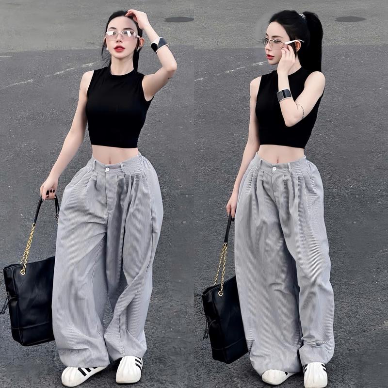 Set đồ nữ áo croptop 3 lỗ thun tăm cột nơ sau kèm quần dài sọc ống rộng sang chảnh dành cho các nàng diện đi chơi
