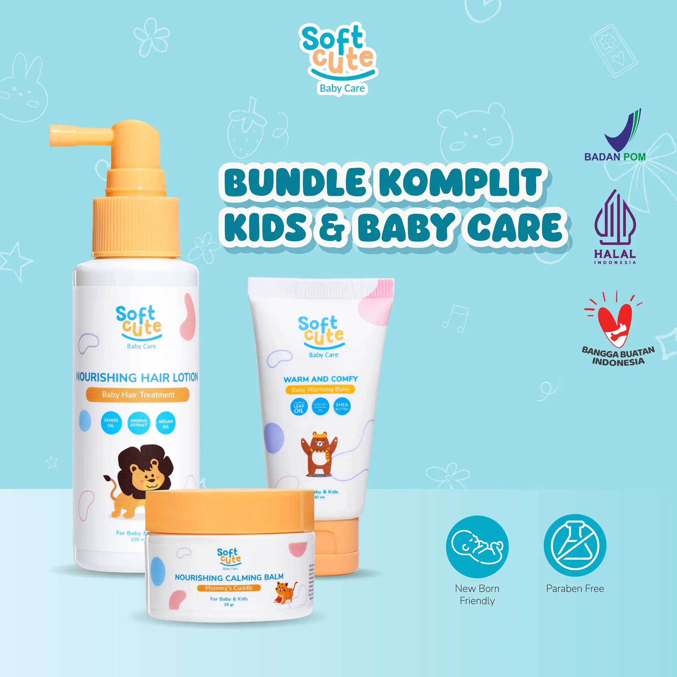 [BUNDLE KOMPLIT] Soft Cute Warming Balm + Calming Balm + Hair Lotion ( free pouch )