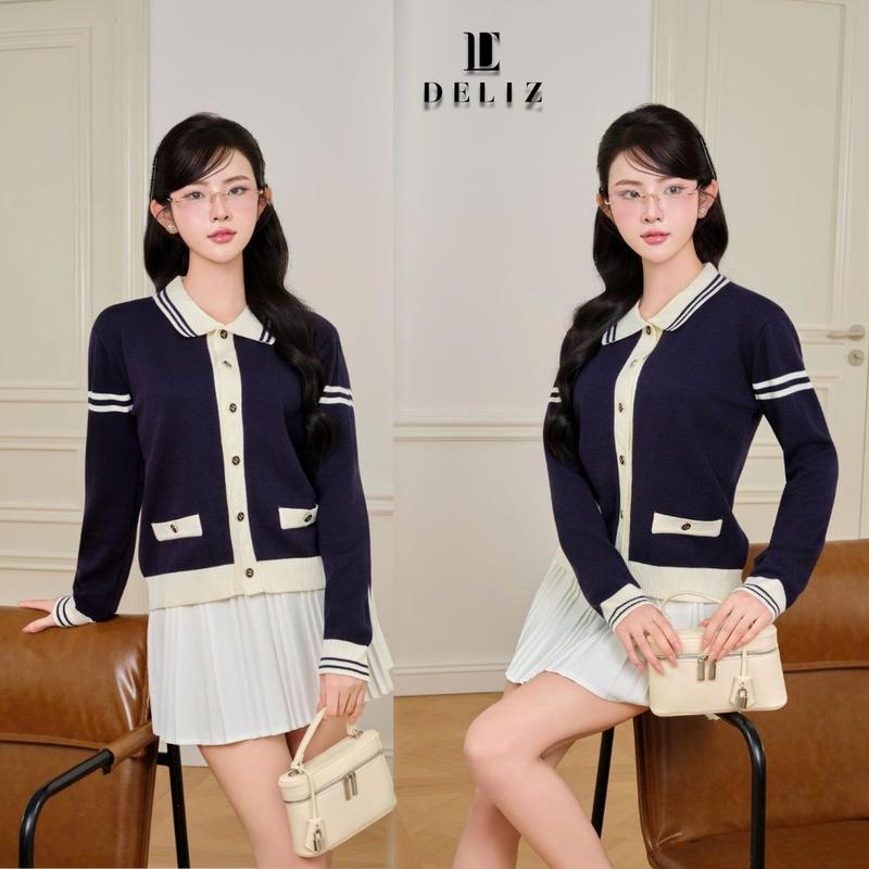 DELIZ - Áo len nữ cổ bẻ dài tay phối cúc cardigan bst thu đông CD846