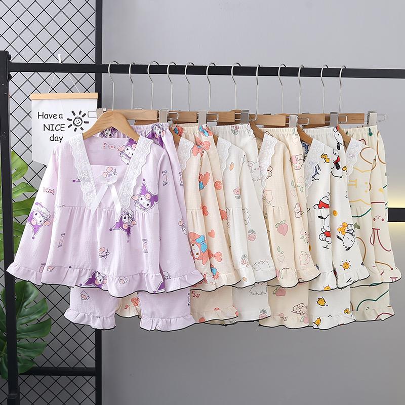  【COD Đồ Ngủ Trẻ Em   Trẻ Em Đồ Ngủ Ren In Hình Hoạt Hình Dễ Thương Tay Áo Dài Phù Hợp Với 2-13Y 