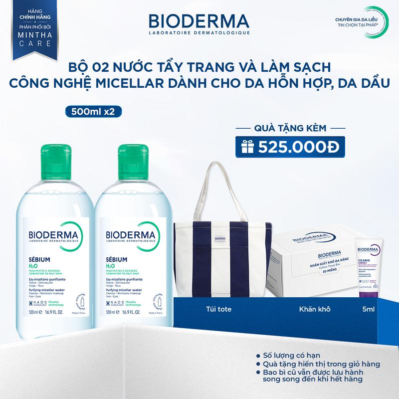 Combo Dung dịch làm sạch và tẩy trang công nghệ Micellar dành cho da hỗn hợp, da dầu Bioderma Sebium H2O 500ml