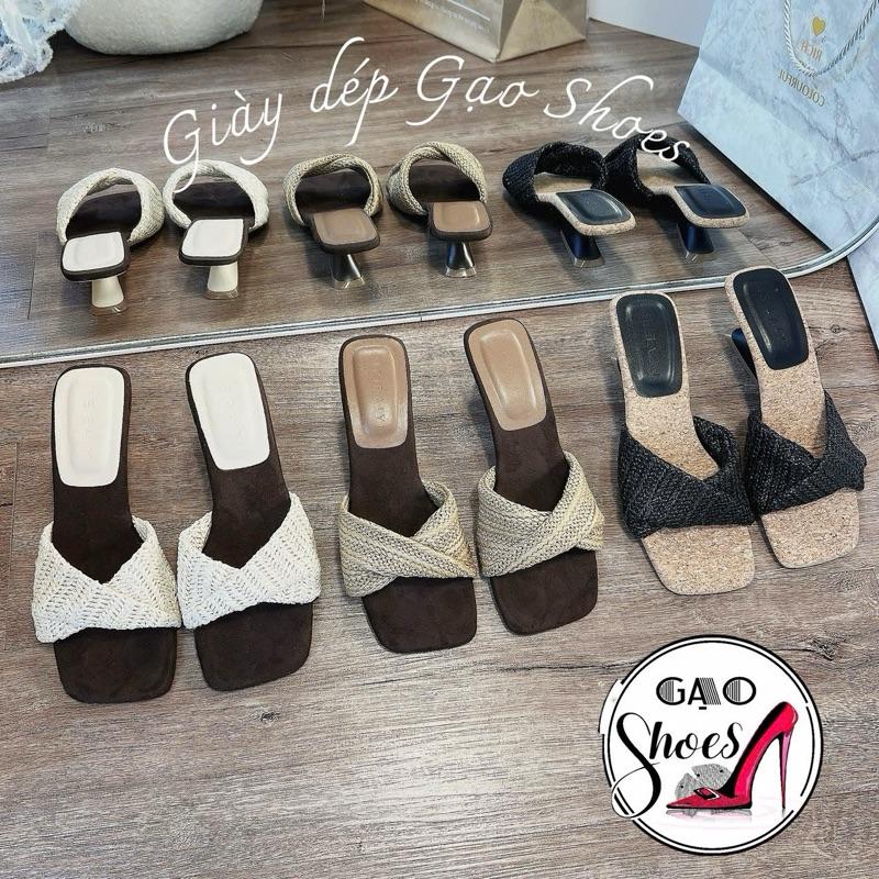  Gạo.Shoes  Có BIGSIZE  - Guốc Nữ Mũi VUÔNG Gót Xuồng Khuyết 5 CM Quai Cói Bố Xoăn Cao Cấp Siêu Dễ Đi. 
