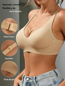 Sujetador tipo jelly sin aros para mujer, diseño de escote en V profundo, soporte medio, copa de tres cuartos, ropa interior ajustada con forro, para todas las estaciones