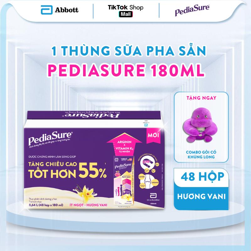 [TẶNG COMBO GỐI CỔ + KHỦNG LONG] Thùng 48 hộp sữa PediaSure pha sẵn chính hãng hương vani ít ngọt 180ml