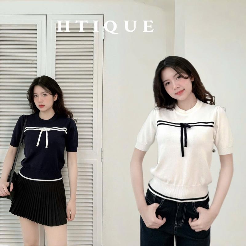 (BST mới HTIQUE) Áo len nữ phối kẻ ngang, áo len cộc tay mùa hè thiết kế kẻ ngang phối nơ siêu nhẹ nhàng HT01