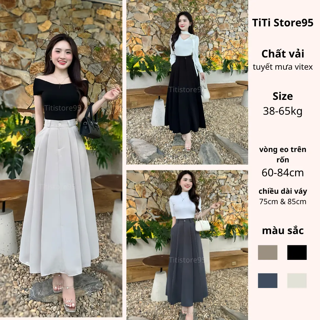 Chân váy xếp ly bồng bềnh công sở thanh lịch 2 dáng dài ~87cm hoặc ~75cm ( có hai túi) vải Vitex