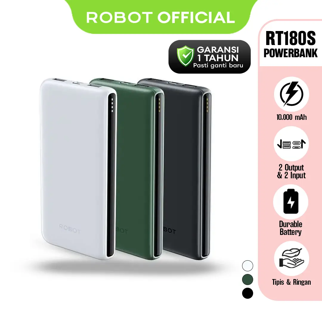 ROBOT Powerbank 10.000mAH RT12Q dan RT180S Daya 20W QC 3.0 Fast Charging Dual Input Slim Original - Garansi 1 Tahun [BISA COD]