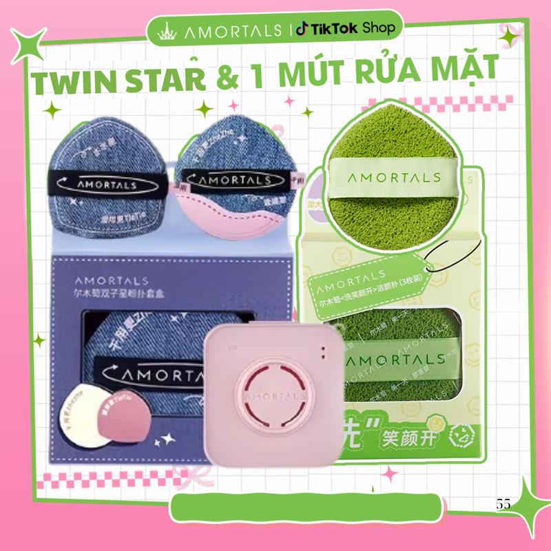 《Amortals.Vietnam x Hứa Ngân 》Bông Mút Trang Điểm Twin Star 2 Mút Kèm Hộp Amortals Và 1 Mút Rửa Mặt