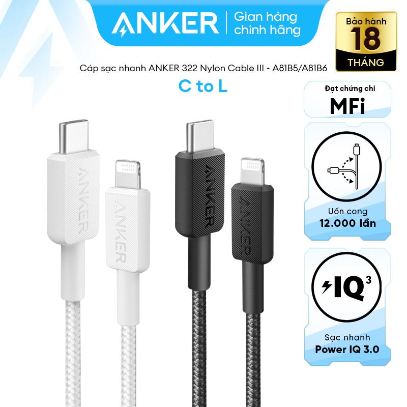 ANKER Cáp sạc nhanh Anker 322 USB-C to Lightning |Chất liệu dù nylon | Dành cho series iPhone14 113 12 11 X series | Đạt chứng nhận MFi bởi Apple | Chắc chắn bền bỉ sạc nhanh - A81B5 A81B6