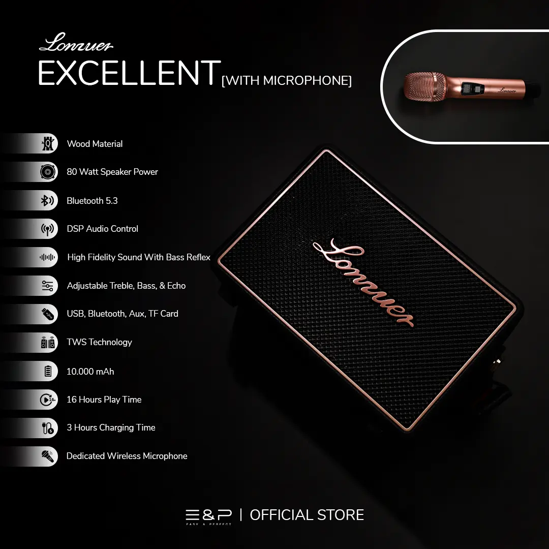 Lonzuer EXCELLENT by Easy & Perfect | Bluetooth Speaker Portable With DSP Audio Control | 80 Watt Output Power With Adjustable Treble And Bass | High Fidelity Sound With Bass Reflex | Comes With a Premium Wireless Microphone