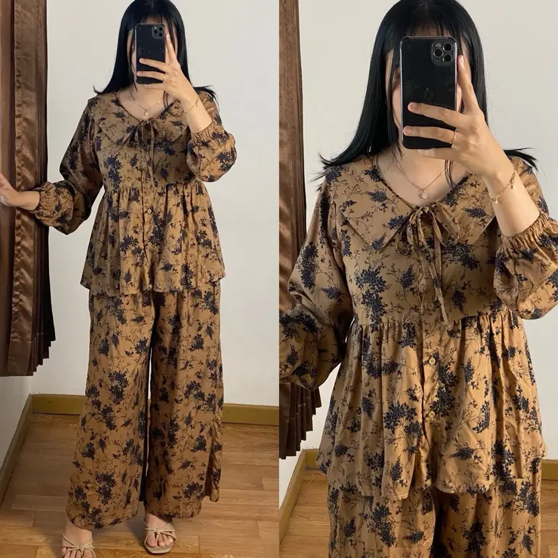 Setelan Adora Tangan Panjang Full Kancing Celana Kulot Bumil Busui Friendly - Wanita Dewasa Rayon Diamond Super Flowi- Baju, Atasan Nyaman Motif Lembut