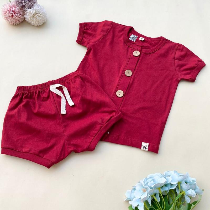 QUEBEECLOTH -Baju setelan oblong kancing depan celana pendek polos sehari-hari fashion kekinian anak bayi cewek perempuan murah -beb 0