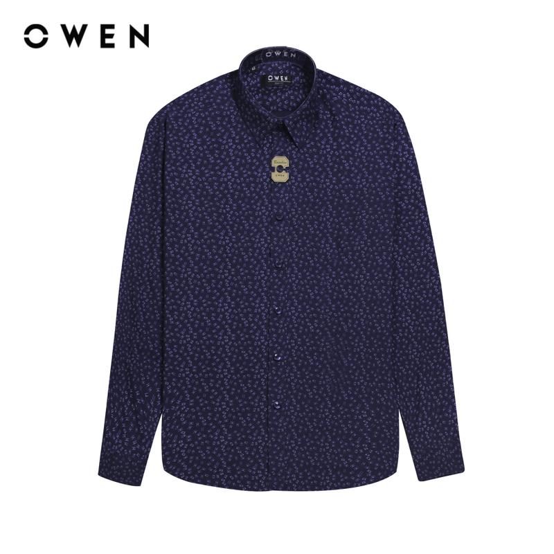 Owen - Áo sơ mi dài tay Nam Dài tay Slim Fit AS230677D Không túi màu Navy in xanh ghi chất liệu Bamboo Họa tiết Menswear