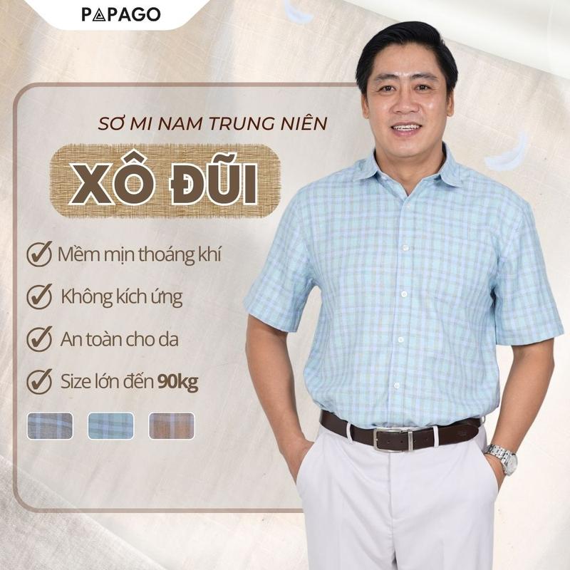 Áo Sơ Mi Nam Trung Niên PAPAGO Tay Ngắn Lai Ngang Vải Đũi Kẻ Sọc Caro Nhỏ - P23SNCR001