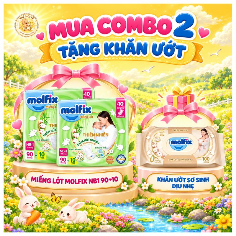 Combo 2 gói miếng lót Molfix Natural NB1 90+10 miếng - Tặng ngay 1 gói khăn ướt sơ sinh dịu nhẹ
