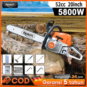 REAIM Mesin Potong Kayu 52CC 20inch Chainsaw 2Tak Untuk Gergaji Mesin Alat Outdoor Mesin Gergaji Kayu Gergaji Potong Pohon Kayu Pemotong Kayu Cepat & Irit Bahan Bakar Gergaji Mesin Portable Anti Macet - Untuk Kayu, Bambu & KebunMata Pisau Kuat Tahan Lama