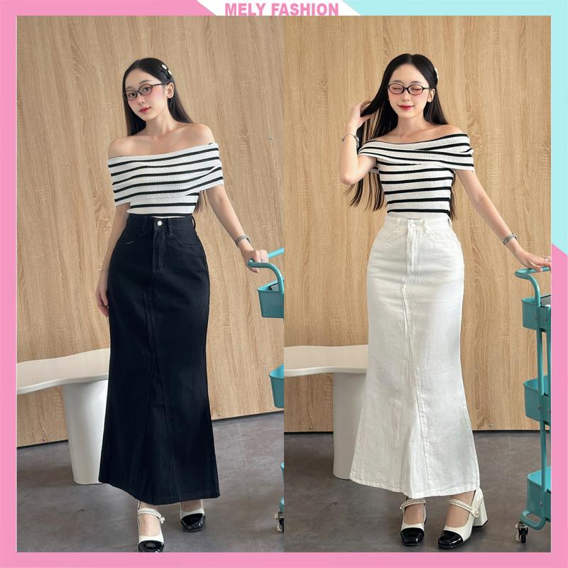 Chân váy jean đuôi cá dáng dài 90cm Mely Fashion xòe nhẹ xẻ sau có túi 2 bên cạp cao tôn dáng che khuyết điểm tốt CV121