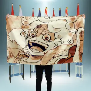 Bendera Mugiwara Luffy One Piece Gear 5 Nika Wall Decor Pajangan Dinding Poster Kain Bahan Satin Peles Ukuran Kecil-Besar