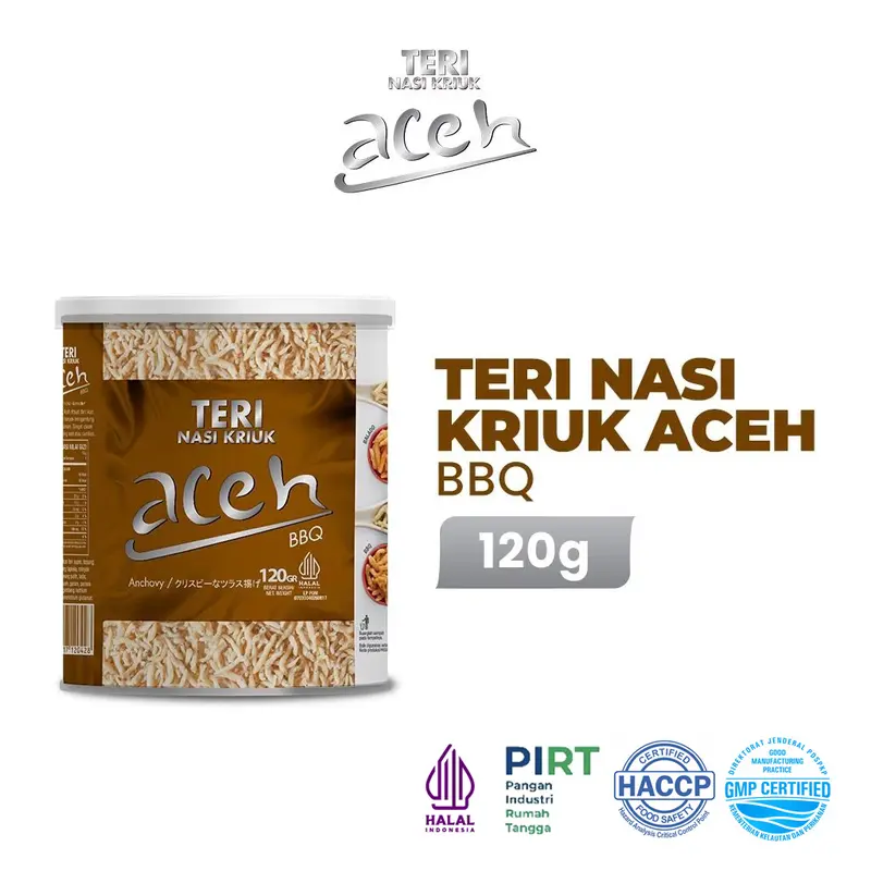 Snack Teri Aceh Nasi Kriuk BBQ (Barbeque) | Kemasan Kaleng | 120gr | Cemilan Renyah, Gurih, Crispy | Praktis, Halal, PIRT, Enak, Lezat, Nikmat | Makanan Ringan Kekinian | Snack Lauk untuk Nasi, Sup, Bekal Anak Kos, Keluarga, Piknik, Oleh-oleh | Aceh Food 3