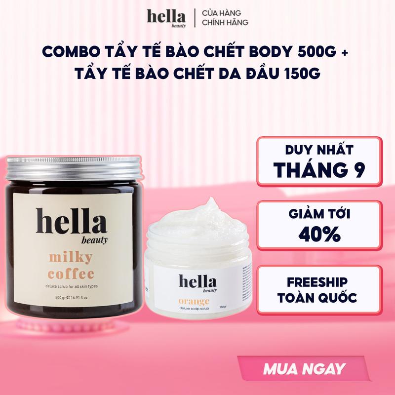 Combo Tẩy tế bào chết body Hella Beauty 500g + Tẩy tế bào chết da đầu tinh chất quả cam Hella Beauty 150g