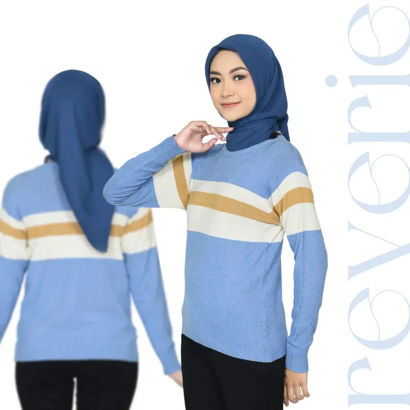 REVERIE - Lavena Blouse Knit - Warna Biru Muda Putih Cream - All Size 46cm Strech to 60cm  | Atasan Rajut Wanita | Sweater Rajut Wanita | Baju Rajut Wanita | Atasan Rajut Casual | Knit Stripe | Knit Top 0