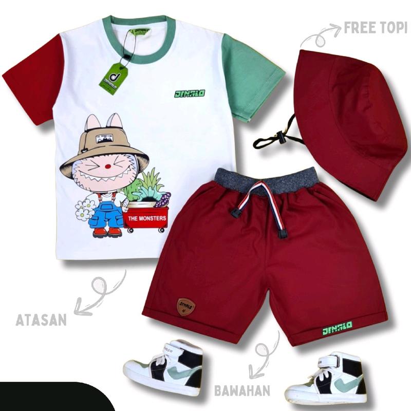 Gratis Ongkir/COD/(Free Topi)Setelan Baju Kaos Anak Distro Labubu Lengan Pendek usia 1-7 tahun By Patriot Kids 1