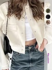 Chamarra bomber corta de mujer con bolsillo con solapa, casual de manga larga con frente con botones, estilo universitario, ropa de abrigo para uso diario