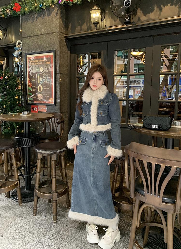 Product Introduction of Fujia Qianjin-Áo Khoác Denim Chần Bông Dày Lót Lông Cừu Cho Nữ, Váy Cạp Cao, Trang Phục Thời Trang Mới Mùa Đông 2023 37