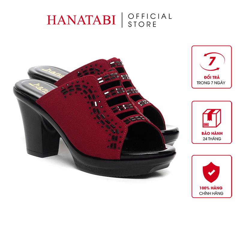  Dép Nữ Đế PU Đen Siêu Nhẹ Cao 7cm Hanatabi Quai Ngang Đính Đá Bigsize  36-41  Mã HNDE7F1169 