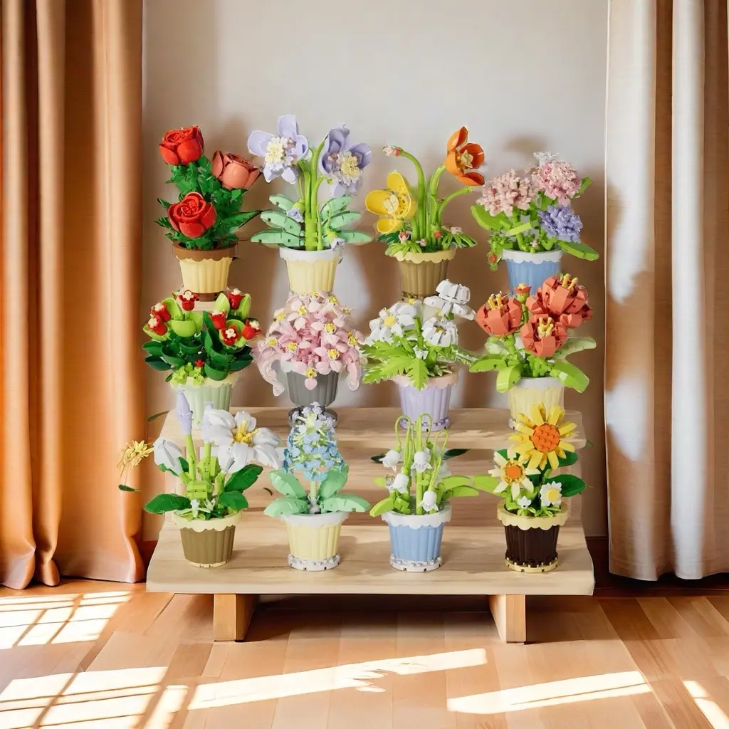 Blok Bangunan Bunga Lengkap Dengan Pot | Bricks Flowers Cantik Lucu Untuk Hadiah Pasangan Pajangan Dinding Meja Kantor