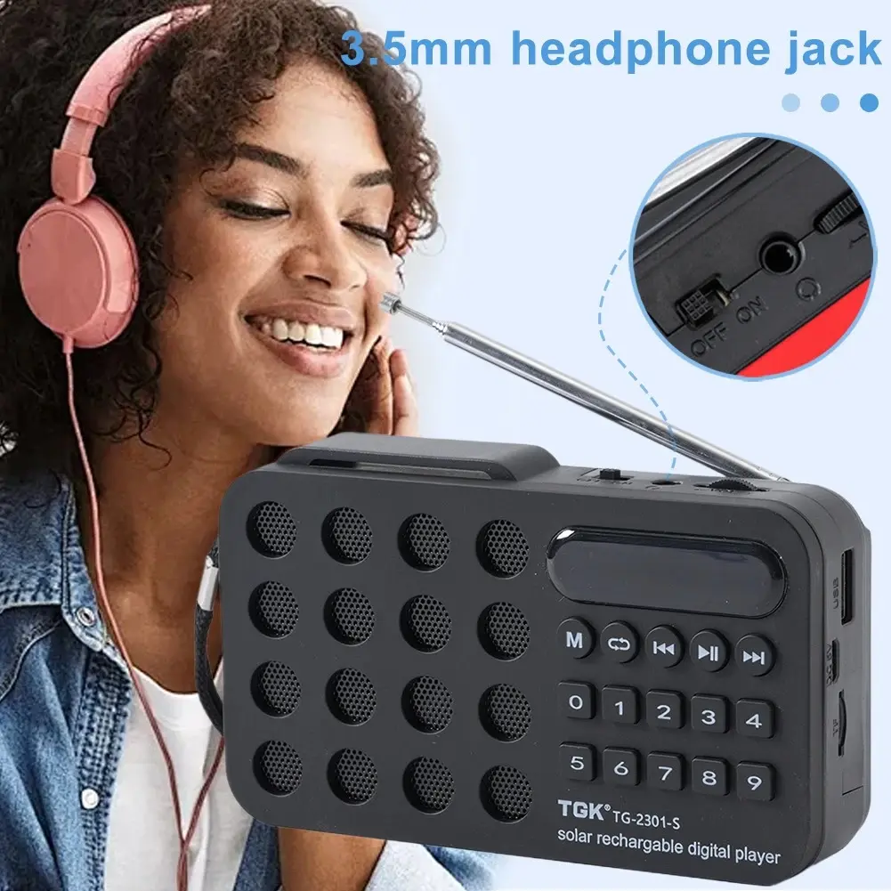 ABDI MALL- TGK Portable Pocket Radio FM Bluetooth Solar Rechargeable 800mAh - TG-2301-S